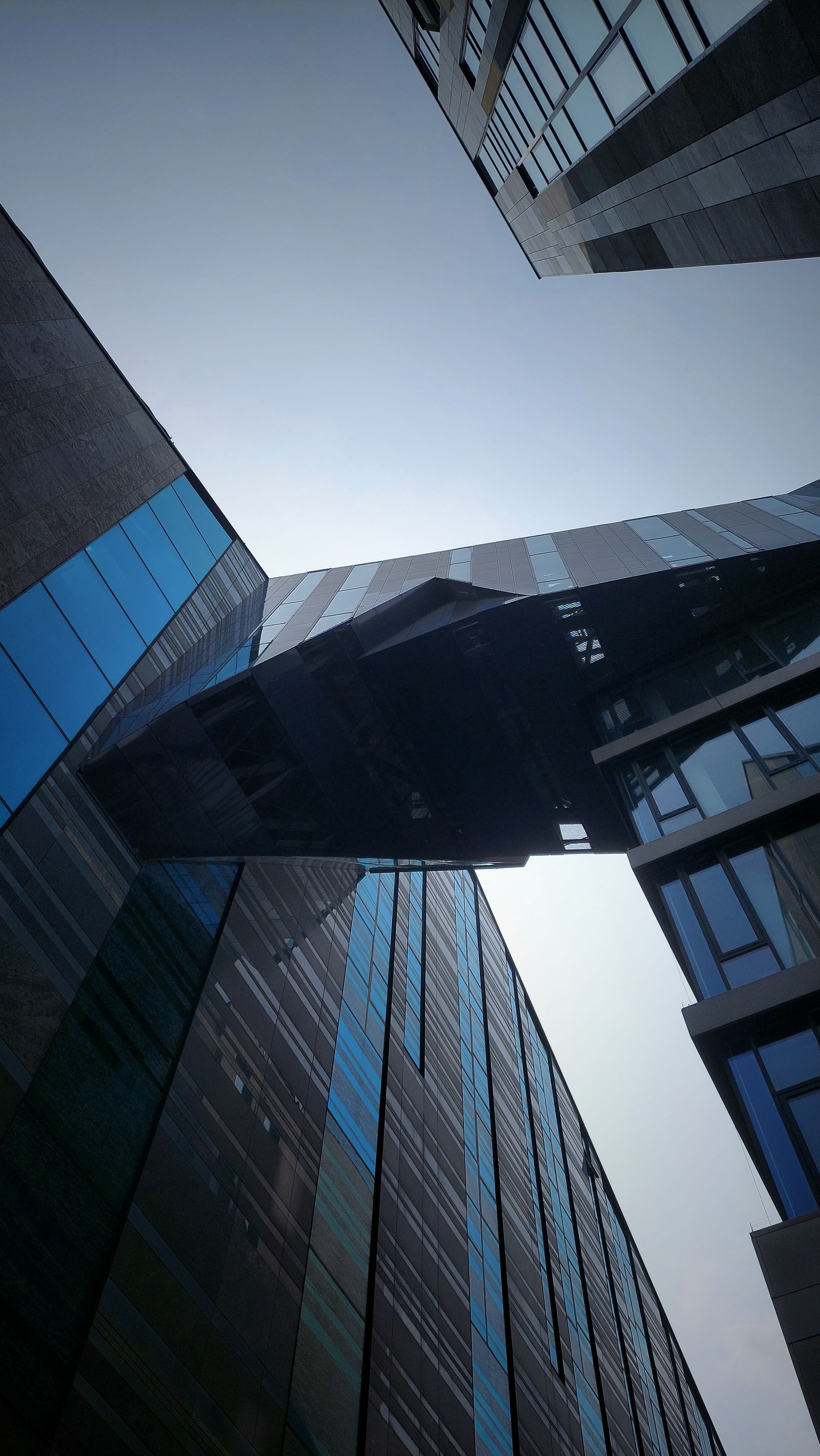Moden architecture, looking above on a facade of steel and glass. Quiet sky.