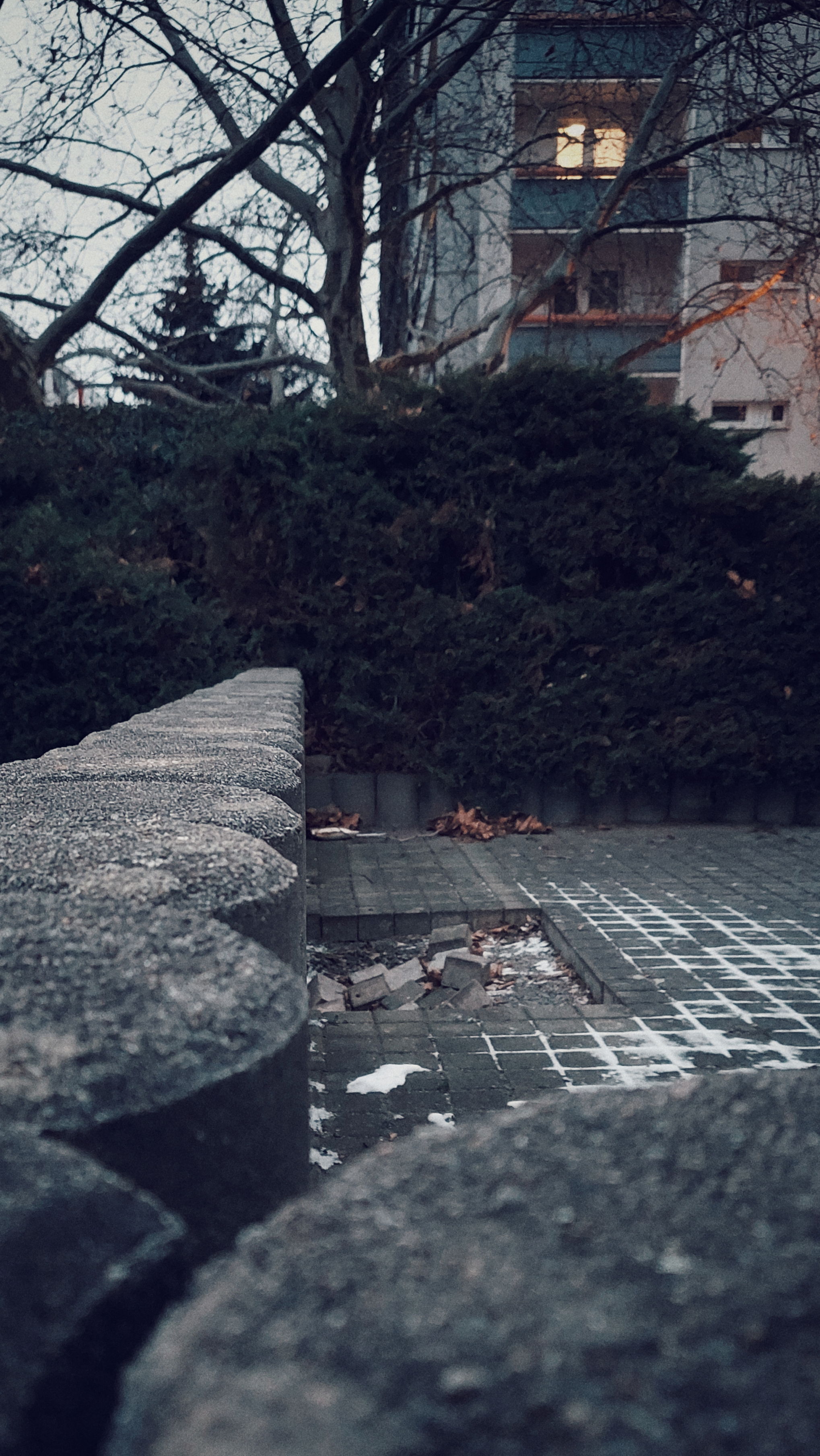 A concrete railing along a green isle in an urban neighbourhood. Skyscraper and one illuminated window in the back.