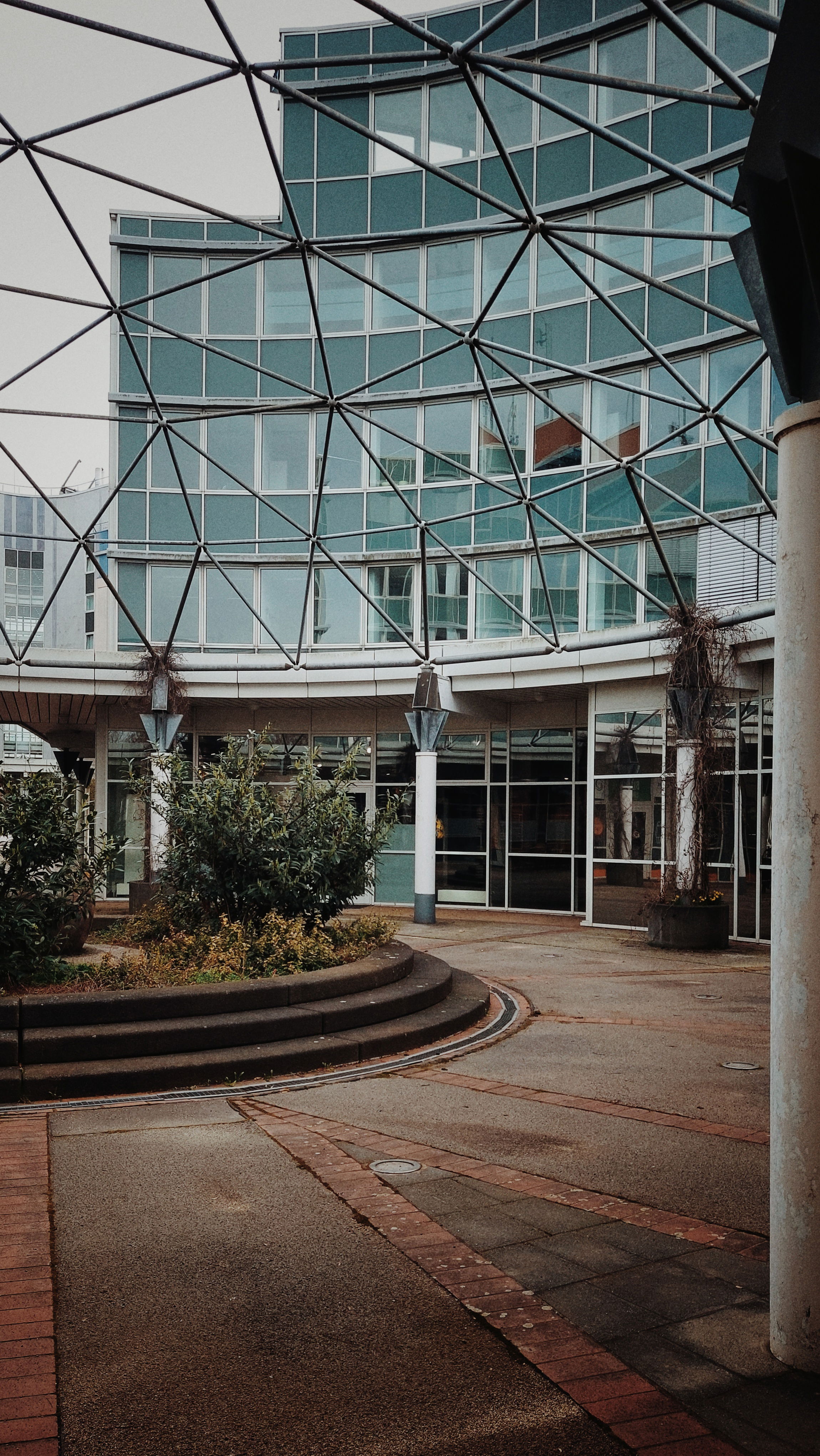 A metal grid dome spanning a brick and stone backyard. Glass facade behind.