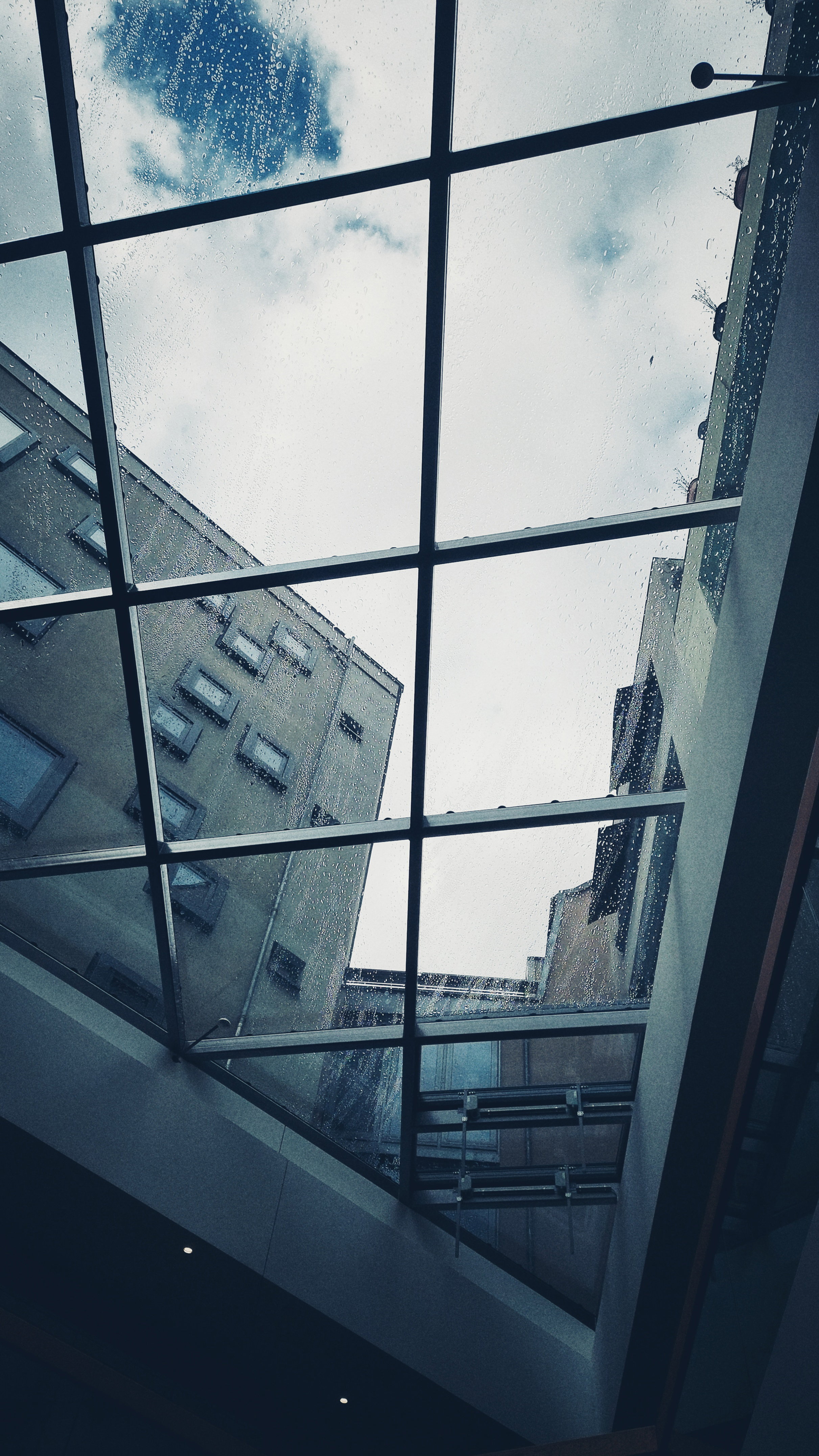 A glass roof covered with traces of rain. Clouds and a bit of blue sky above.