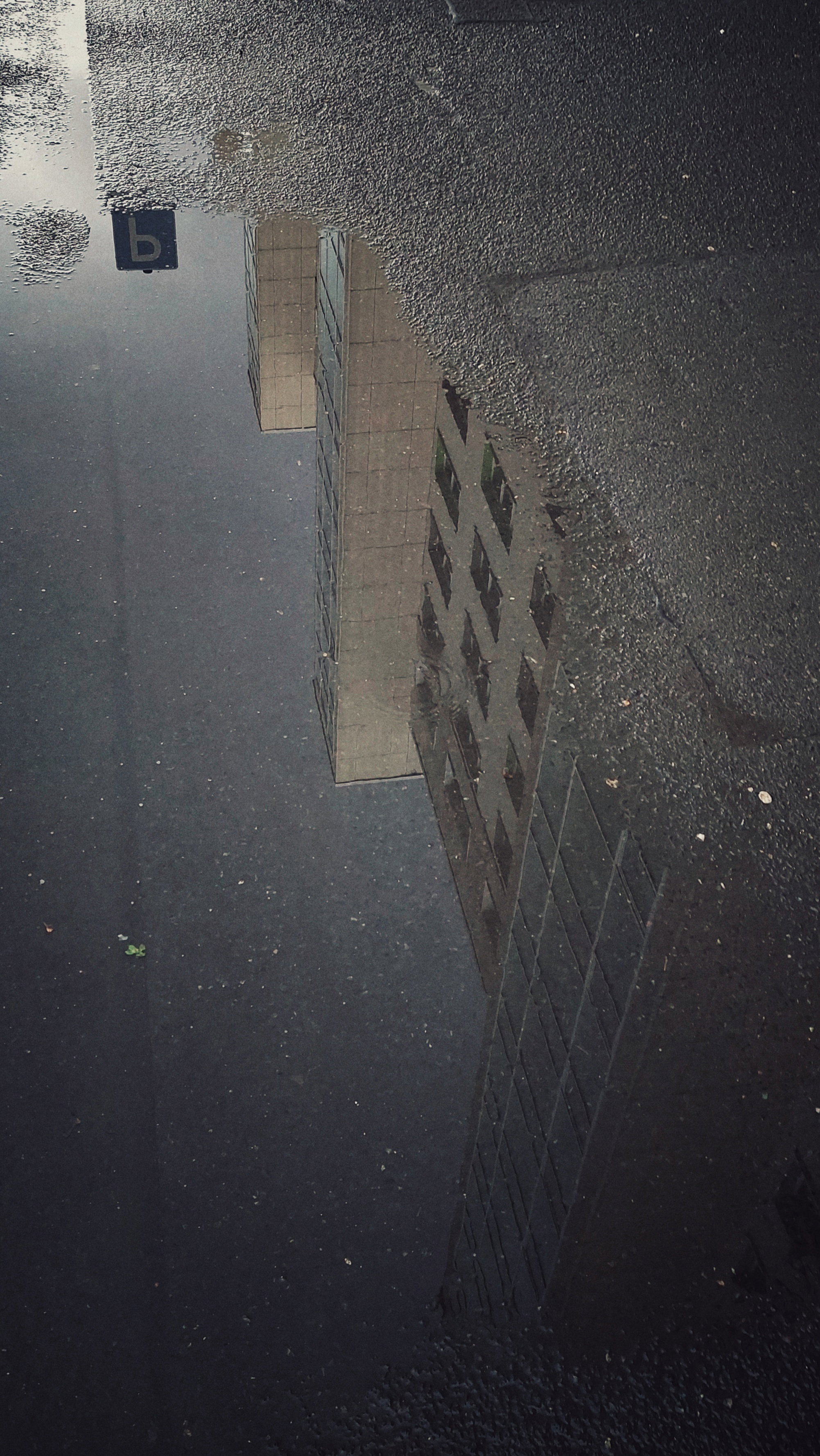 Reflections of skyscrapers in a puddle on concrete sidewalk.