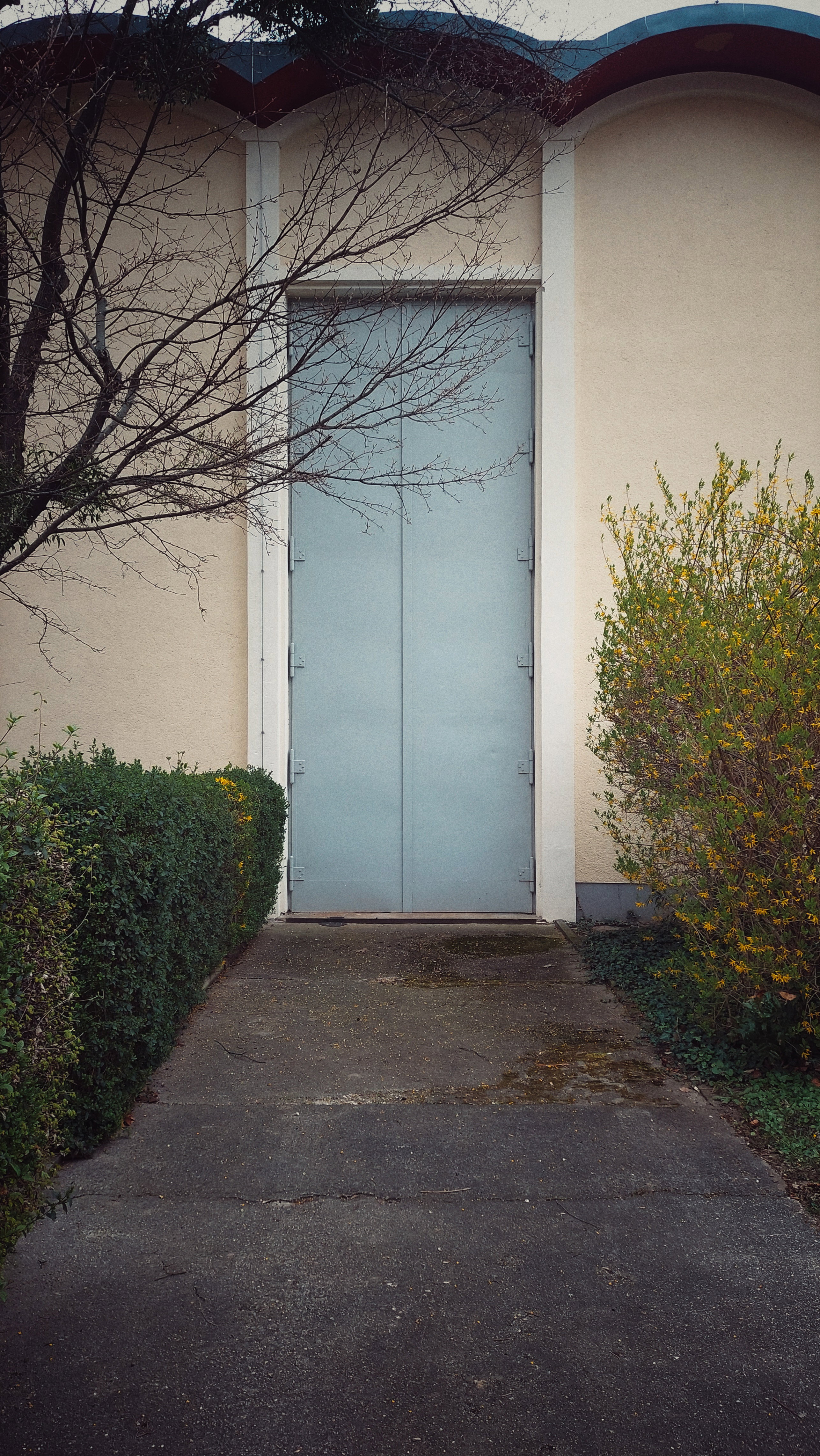 A huge, closed door in a bright beige wall. And a concrete path leading there.